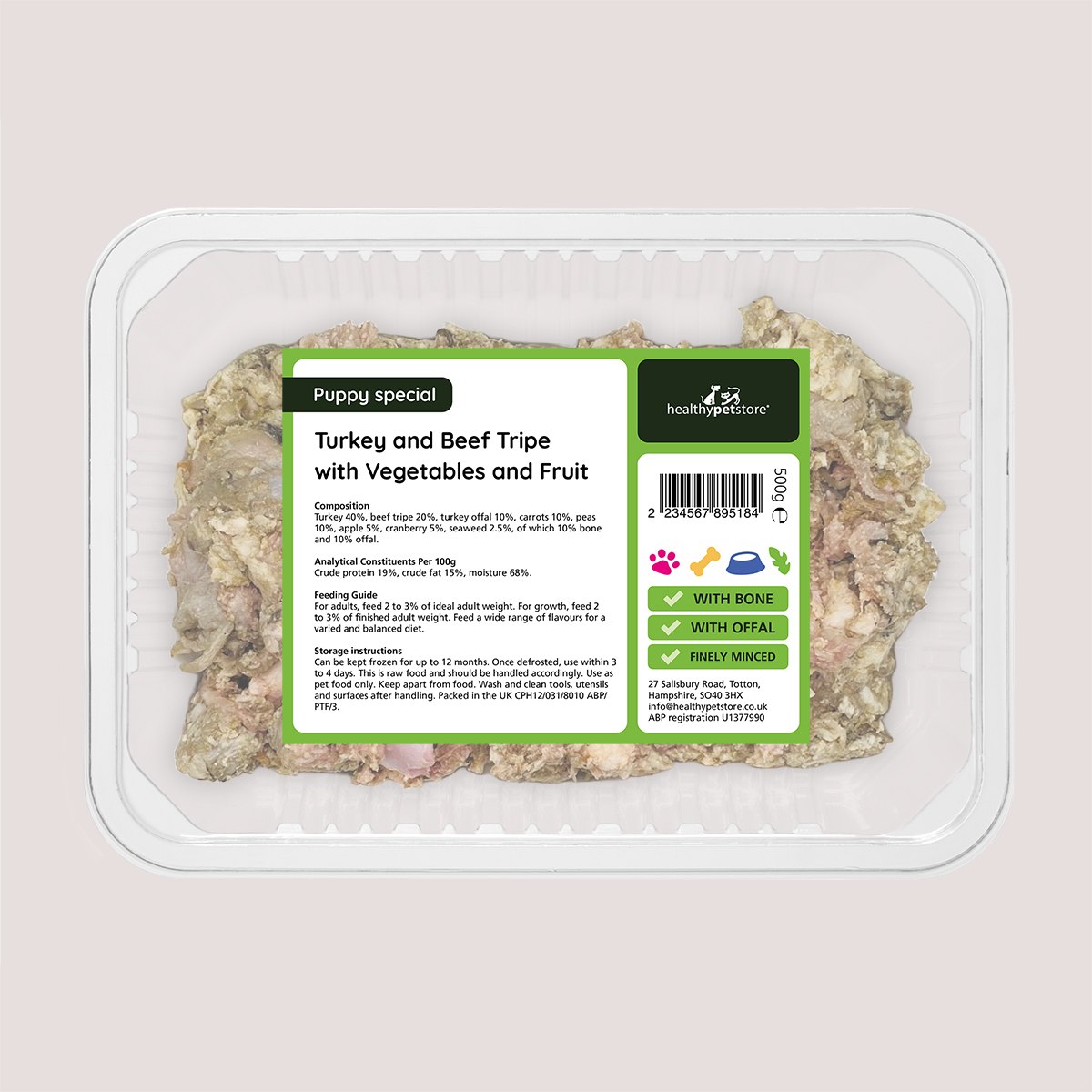 Puppy Raw Minced Turkey & Beef Tripe With Vegetables With Bone & Offal 500g