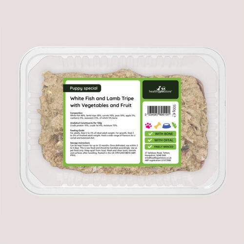 Puppy Raw Minced Whitefish & Lamb Tripe With Vegetables With Bone & No Offal 500g
