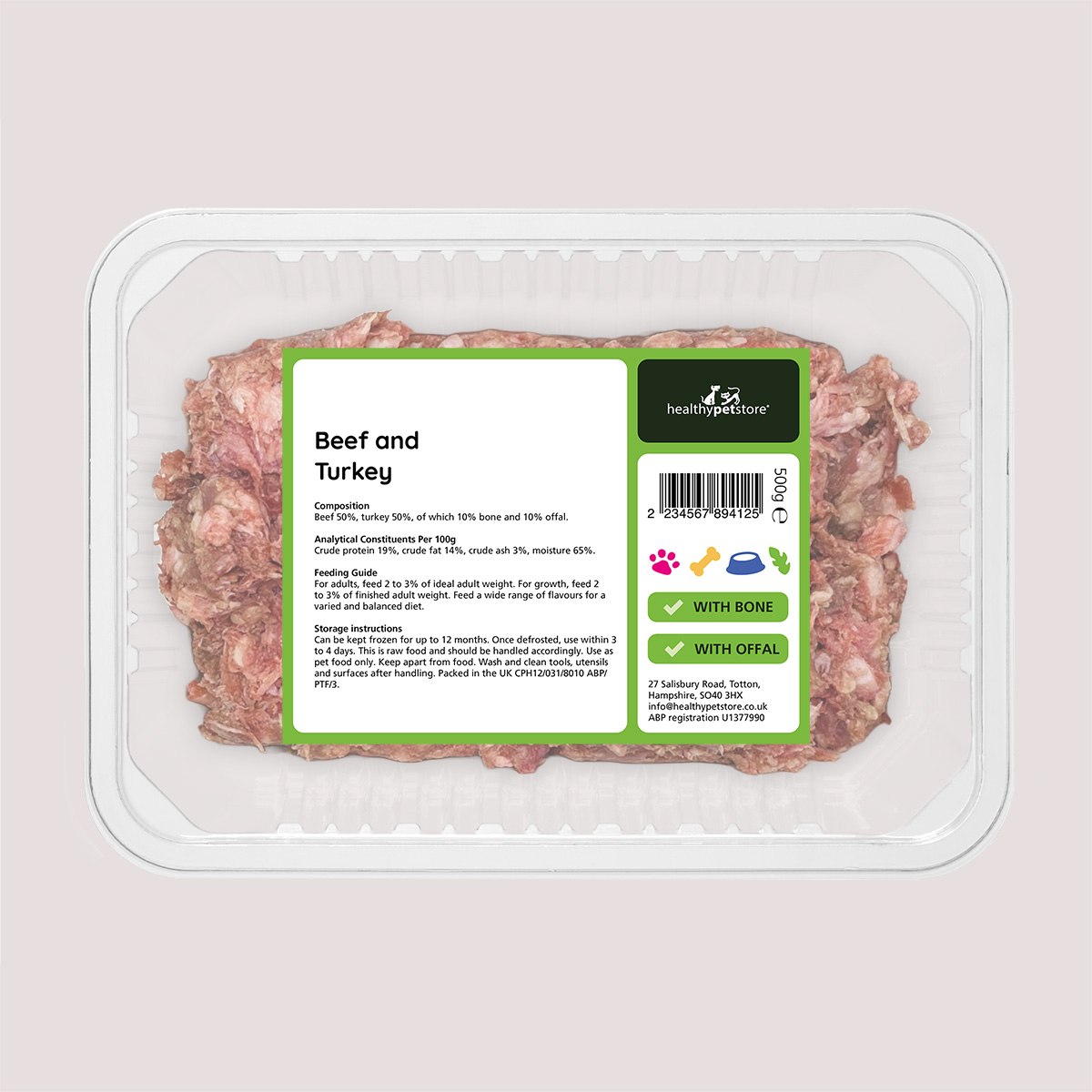Raw Minced Beef & Turkey With Bone & Offal 500g