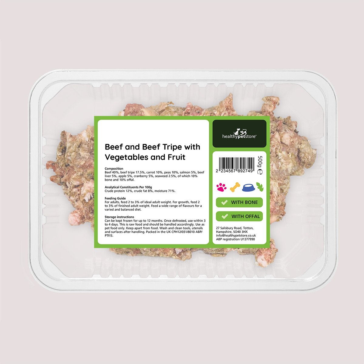 Raw Minced Beef With Vegetables & Fruit With Bone & Offal 500g