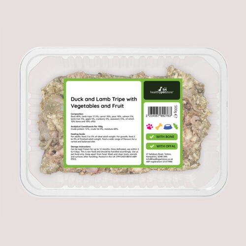 Raw Minced Duck & Lamb Tripe & Vegetables & Fruit With Bone & Offal 500g