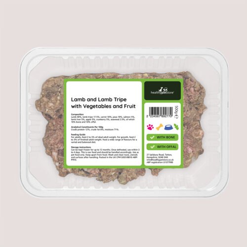 Raw Minced Lamb & Lamb Tripe With Vegetables & Fruit With Bone & Offal 500g