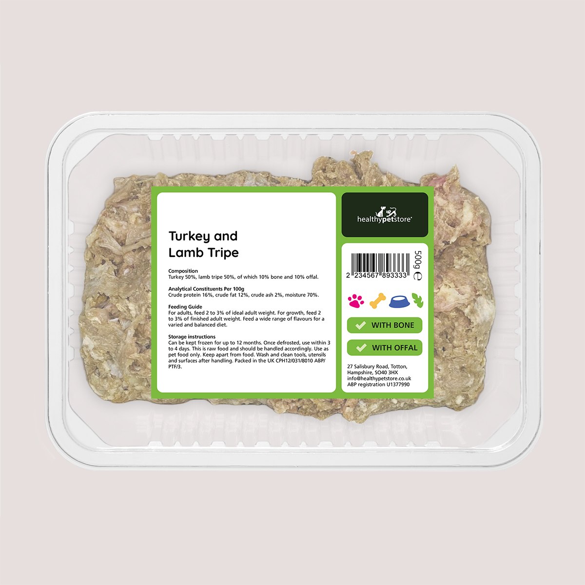 Raw Minced Turkey & Tripe With Bone & Offal 500g