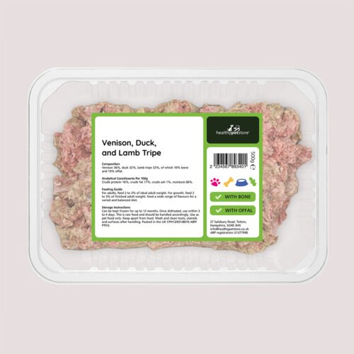 Raw Minced Venison & Duck With Lamb Tripe With Bone & Offal 500g