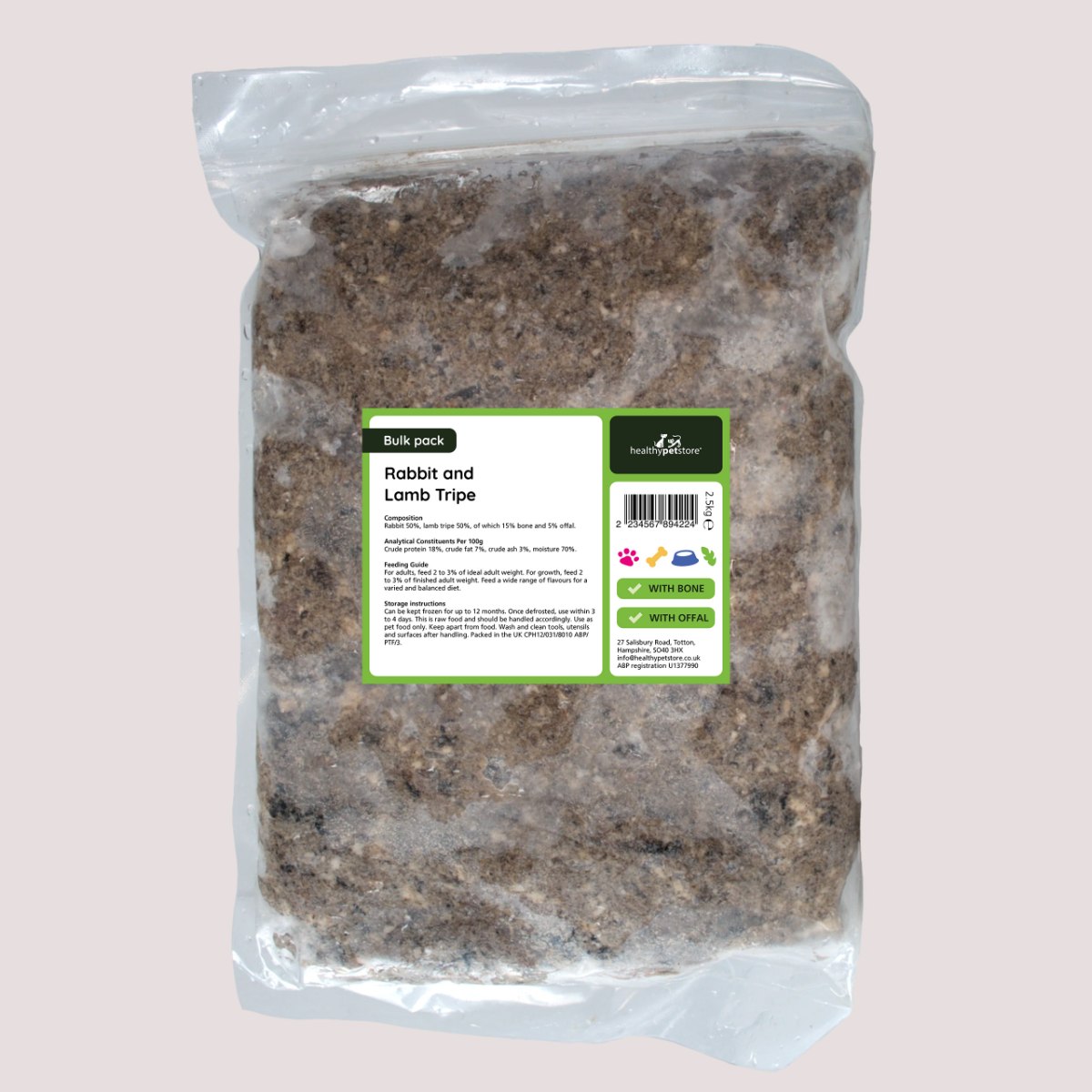 Raw Minced Rabbit & Lamb Tripe With Bone & Offal 2.5kg Bulk