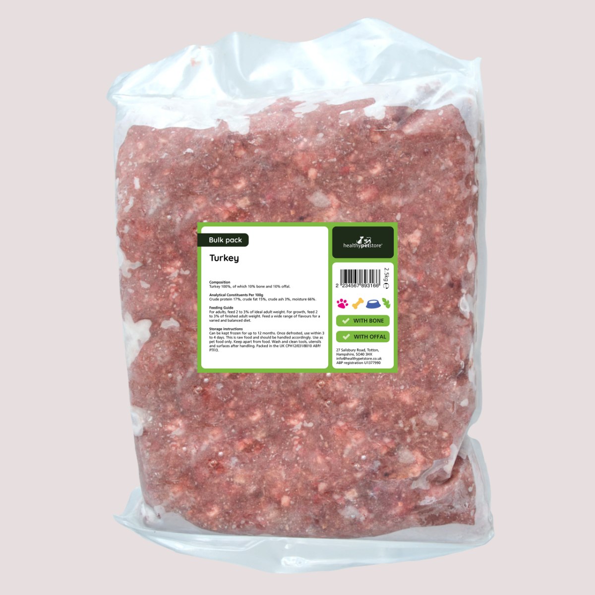 Raw Minced Turkey With Bone & Offal 2.5kg Bulk