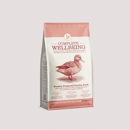 Complete and balanced dry food for adult dogs from 12 months Freshly prepared duck as the number one ingredient High meat content with duck used throughout the recipe 76% of the protein comes from duck Grain-free recipe Contains prebiotic FOS and MOS to support healthy digestion With seaweed, broccoli, cranberry and other natural botanicals No artificial flavours or preservatives Full description JR Wellbeing Duck Dry Dog Food 2kg is a complete and balanced grain-free recipe made with freshly prepared duck as the number one ingredient. Duck is used throughout the recipe, including duck meat, duck meal and duck fat, with no mixed meat proteins or hidden animal ingredients. With 76% of the protein coming from duck, it provides a clearly defined animal protein source for everyday feeding. Sweet potato, peas, carrot and beet pulp provide plant-based variety and fibre, while chicory extract supplies prebiotic FOS and yeast products provide prebiotic MOS to help support healthy digestion. The recipe also includes seaweed, broccoli, rosehip, thyme, parsley, cranberry and marigold, alongside L-carnitine, essential vitamins and minerals. Composition Duck (32%), duck meal (18%), sweet potato (13%), potato, dried peas, beet pulp, duck fat (4%), vegetable stock, minerals, linseed, dried carrot, dried seaweed (0.5%), chicory extract (0.2%, as a source of prebiotic FOS), yeast products (0.1%, as a source of prebiotic MOS), dried broccoli (0.05%), dried rosehip, thyme, parsley, yucca extract (0.03%), cranberry powder (0.008%) and marigold meal. Analytical constituents Crude protein 26.5% Crude fat 15.5% Crude fibre 3.5% Crude ash 9.5% Nutritional additives per kg Vitamin A 36,000 IU Vitamin D3 1,000 IU Vitamin E 190mg L-carnitine 1,200mg Iodine 1.5mg Iron 50mg Copper 12mg Zinc 75mg Manganese 40mg Technological additives Tocopherol extracts. Sensory additives Rosemary extract. Suitable for Adult dogs from 12 months Dogs of all breeds and sizes Dogs suited to duck-based recipes Caregivers looking for a grain-free dry food Dogs that may benefit from prebiotic digestive support Dogs suited to recipes without mixed meat proteins Key benefits Complete and balanced nutrition Freshly prepared duck as the number one ingredient High meat content Duck used throughout the recipe 76% of the protein comes from duck No mixed meat proteins Prebiotic FOS from chicory extract Prebiotic MOS from yeast products Added fibre to support healthy digestion Contains seaweed, broccoli and cranberry Includes L-carnitine Grain-free No artificial flavours or preservatives Feeding guide Recommended daily amounts: 1–2kg: 30–50g 2–5kg: 50–100g 5–10kg: 100–165g 10–15kg: 165–225g 15–20kg: 225–280g 20–30kg: 280–380g 30–40kg: 380–470g 40–50kg: 470–560g 50–60kg: 560–640g These amounts are a guide only. Adjust the daily portion according to your dog’s age, breed, activity level and body condition. When changing to JR Wellbeing Duck, introduce the new food gradually over 5–7 days while reducing the amount of your dog’s previous food. Fresh drinking water should always be available. Important information Suitable for adult dogs aged 12 months and over. Supervise your dog while feeding and adjust portions as needed to help maintain a healthy body condition. Storage Once opened, store in a cool, dry place. Refer to the back of the bag for the best-before date and batch code. Meta description JR Complete Wellbeing Grass Country Duck
